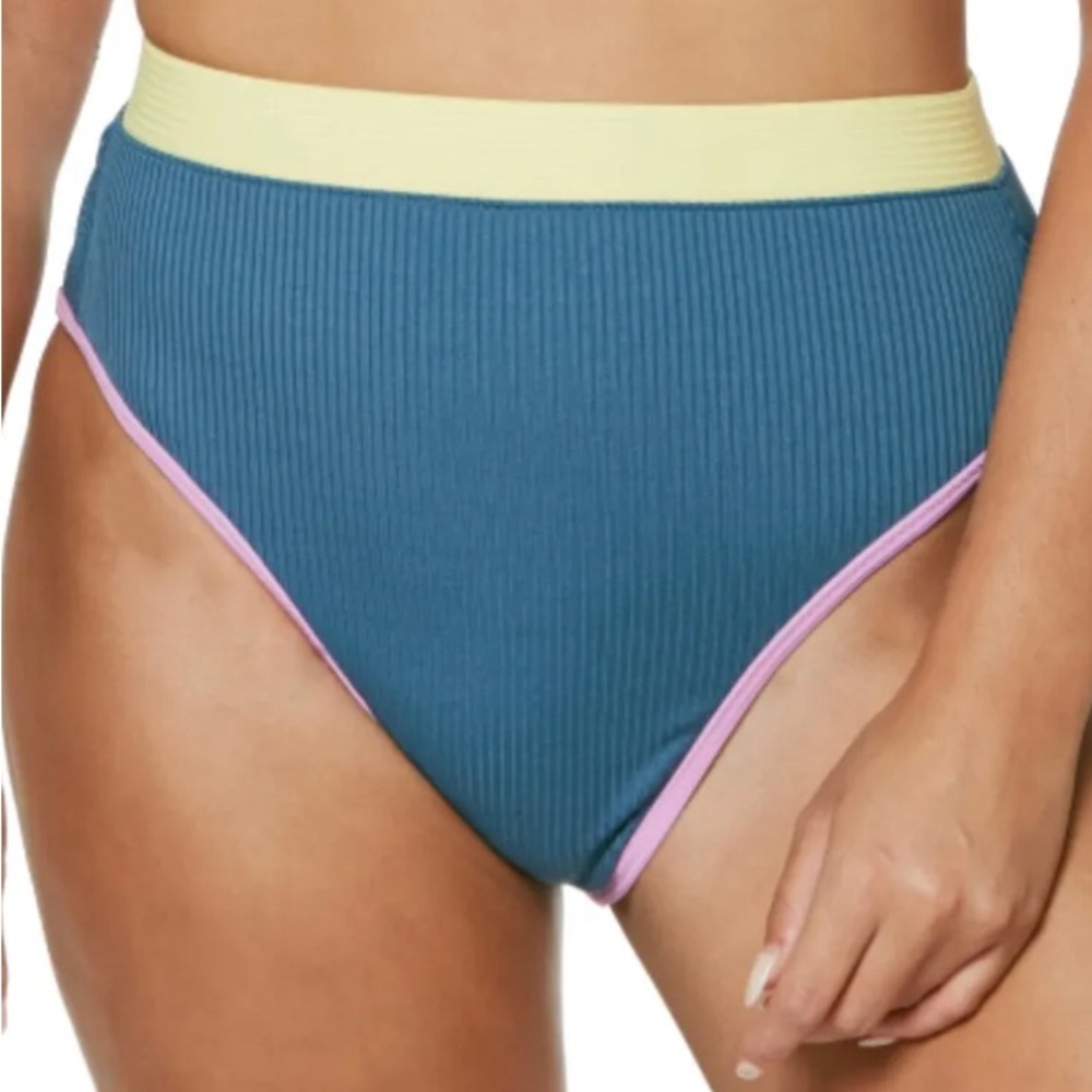 Jessica Simpson Chop & Change High-Waisted Bikini Bottoms Ribbed Navy Size XL
